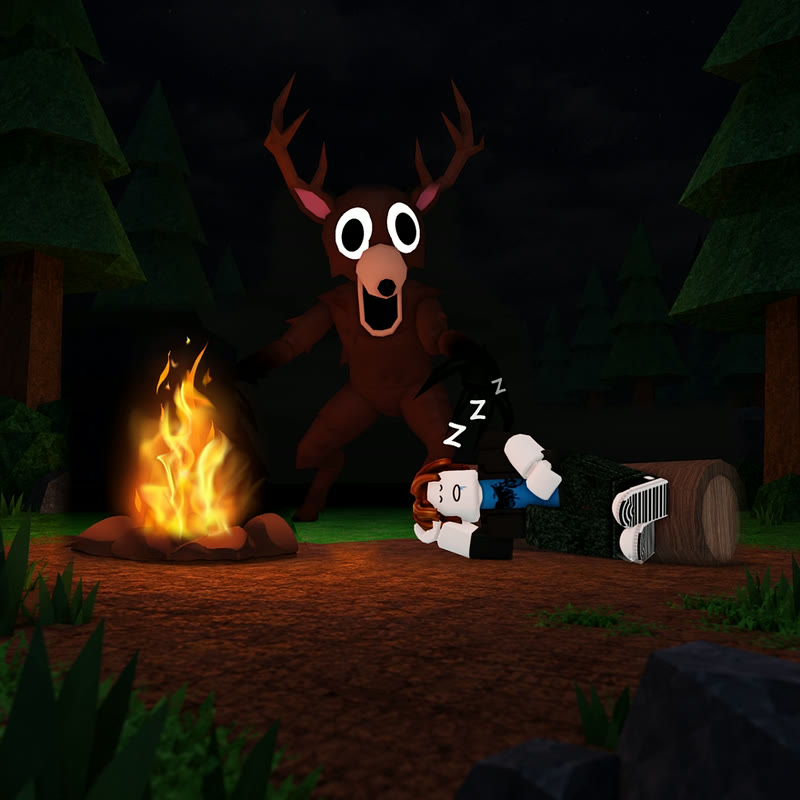 The Deer surveille un joueur endormi près du feu