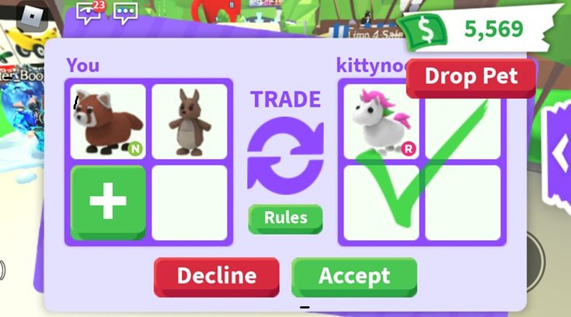 Fenêtre de trade entre deux joueurs dans Adopt Me