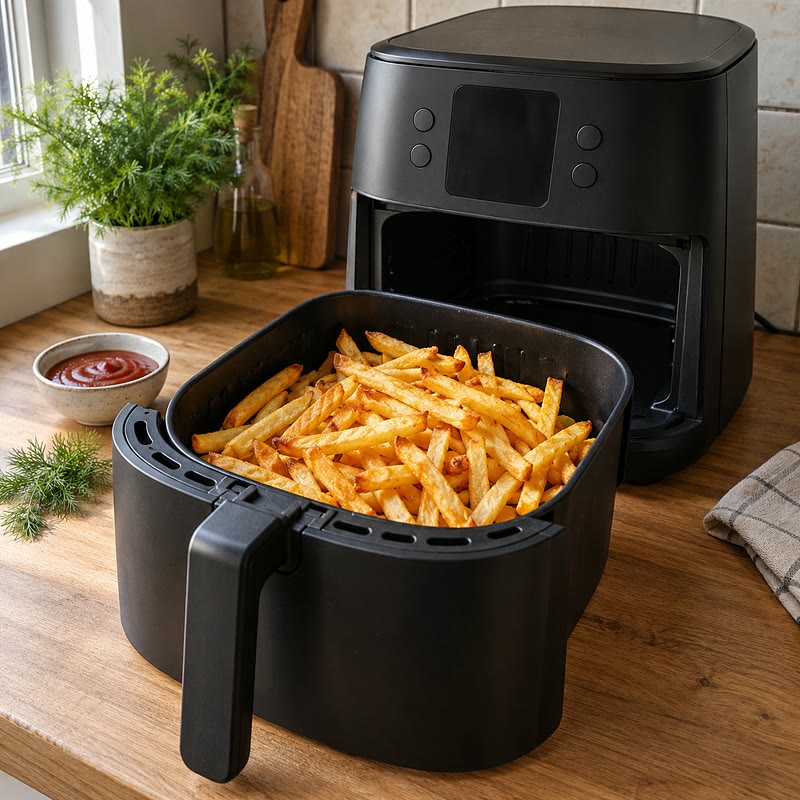 Panier ouvert d’un air fryer noir rempli de frites dorées