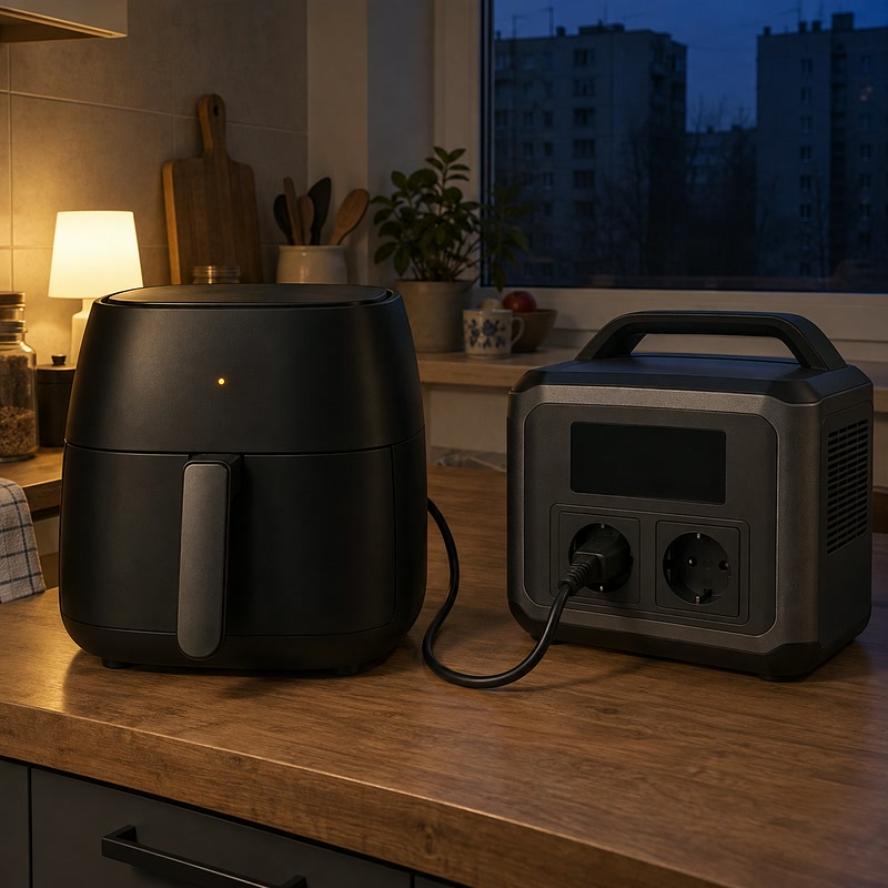 Air fryer branché sur une station électrique dans une cuisine