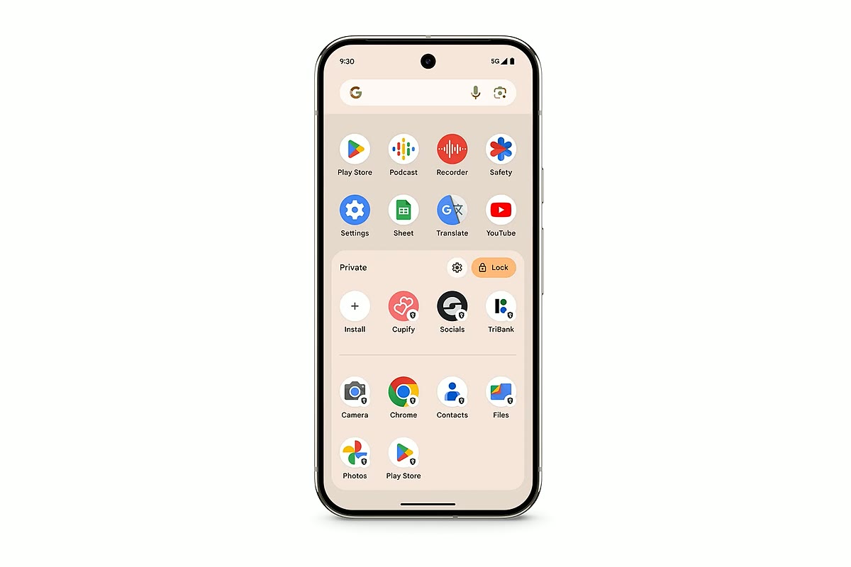 Pixel 9 Pro affichant les applications et la section espace privé