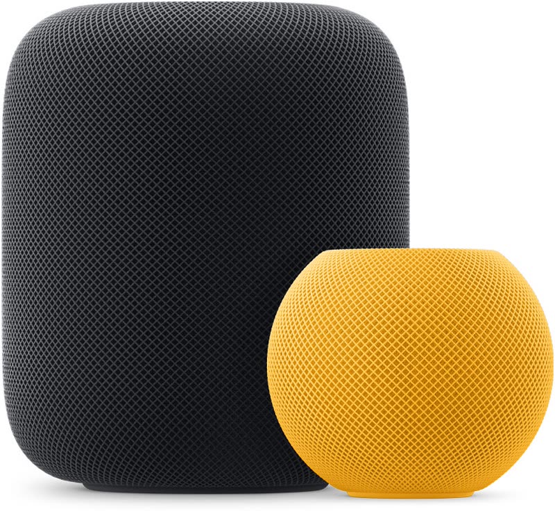 HomePod de deuxième génération midnight et HomePod mini jaune