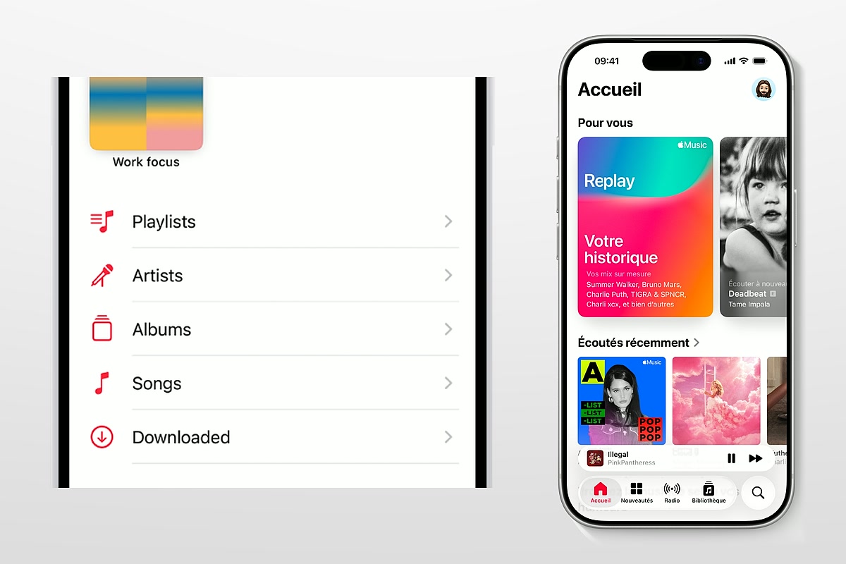 Rubrique Downloaded d’Apple Music agrandie près de l’accueil français sur iPhone