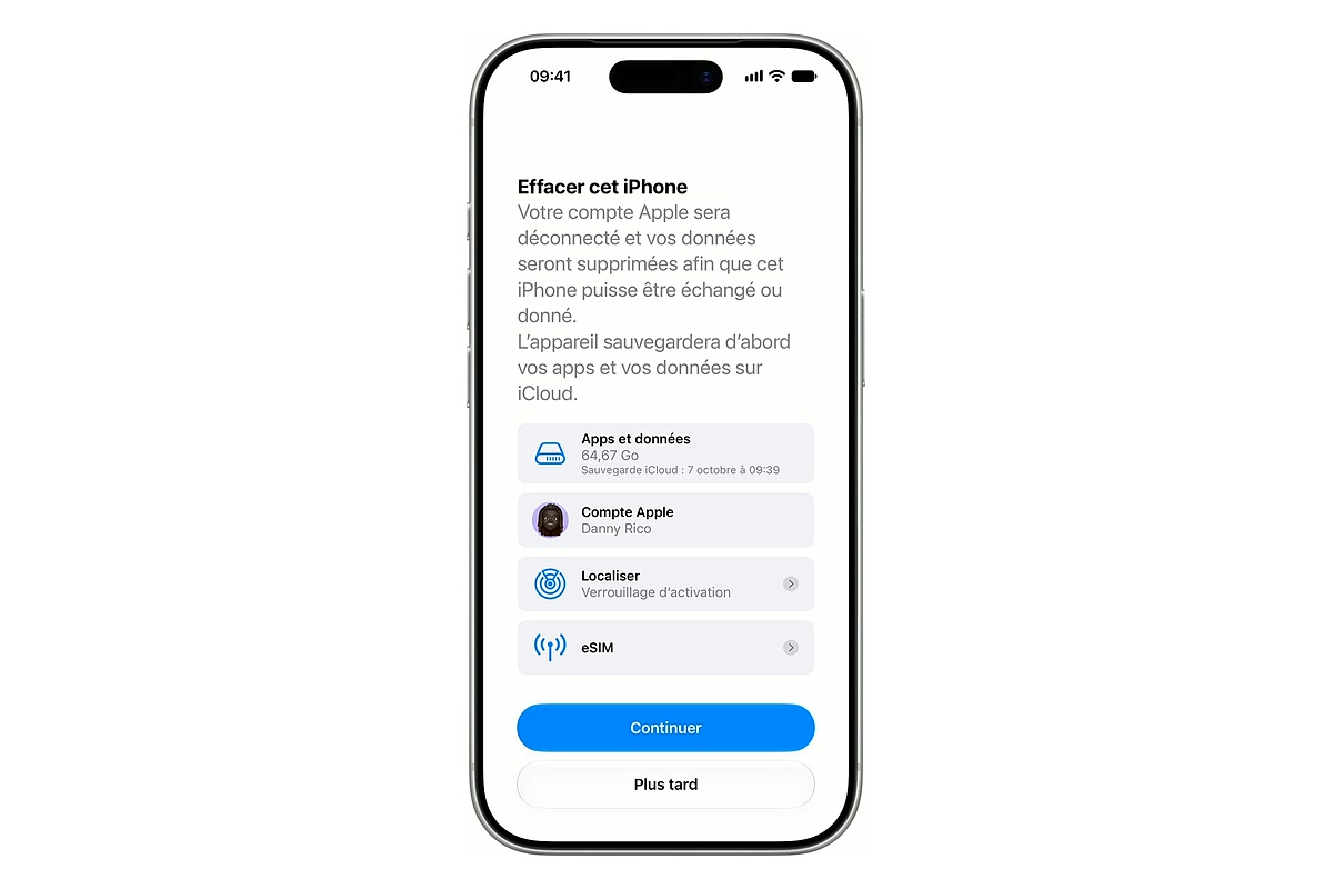 iPhone affichant Effacer cet iPhone et le bouton bleu Continuer