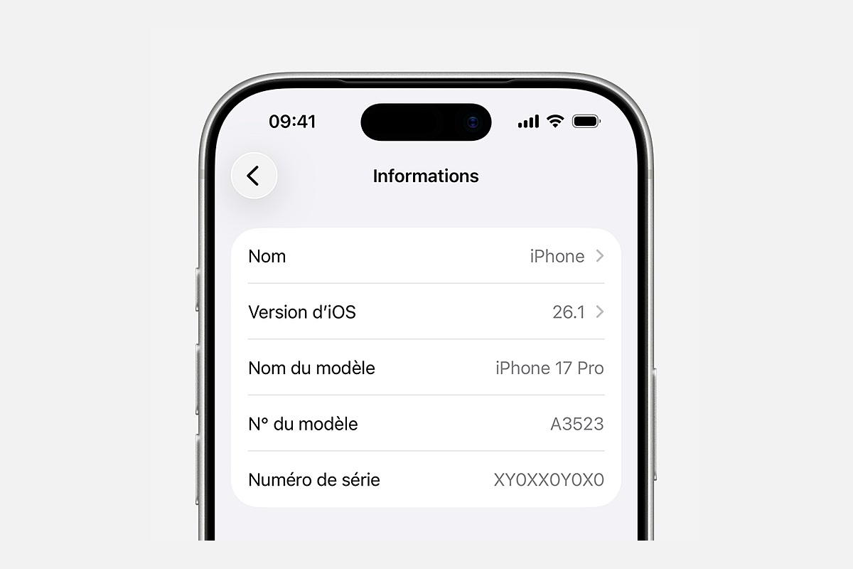 Écran Informations d’un iPhone 17 Pro affichant son numéro de série