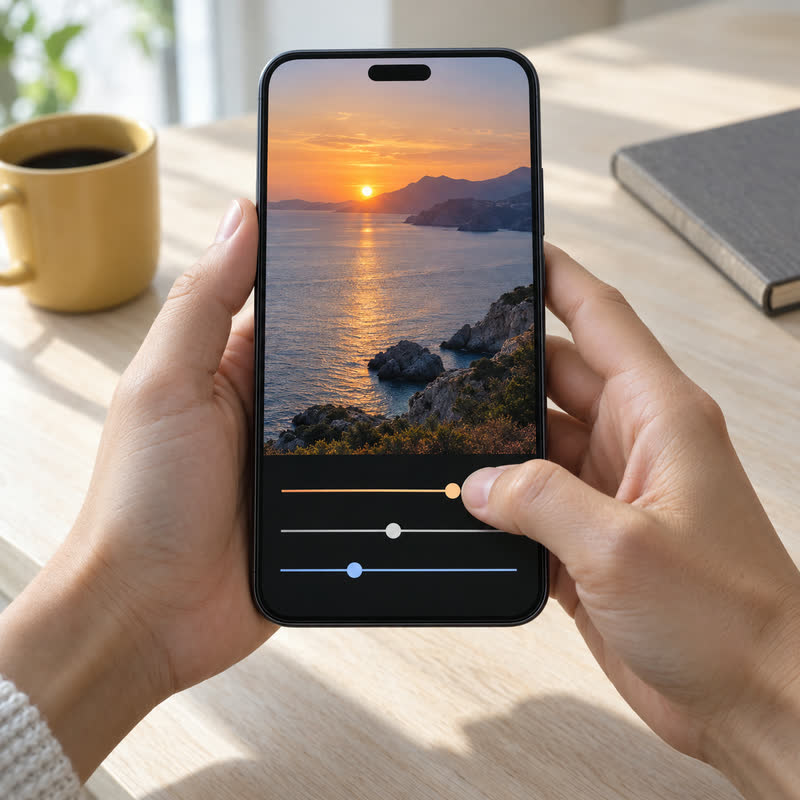 Smartphone en main avec les curseurs de retouche affichés