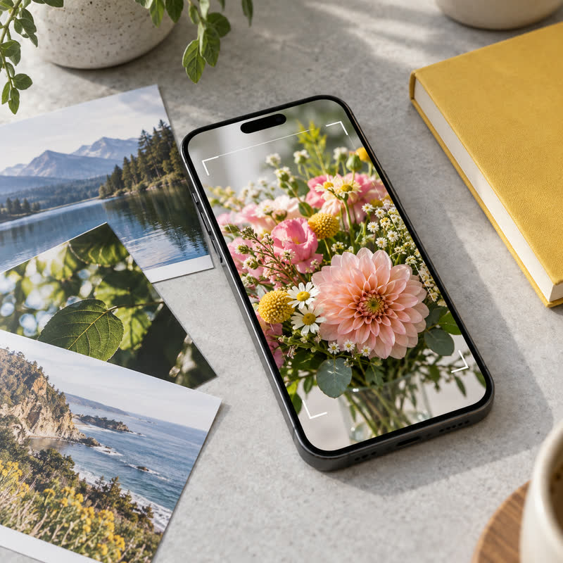 Smartphone sur une table avec des tirages et un recadrage
