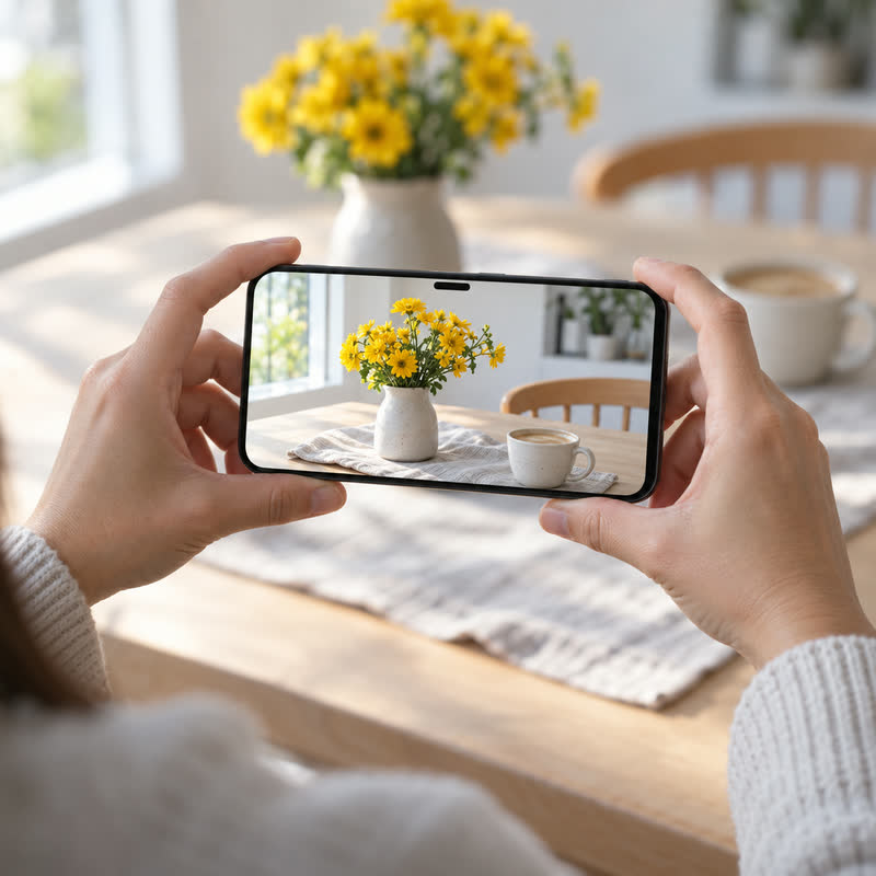 Prise de vue de fleurs sur une table au smartphone