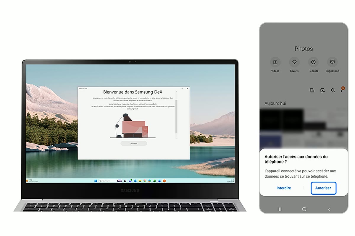 Ordinateur affichant Samsung DeX et Galaxy demandant une autorisation de connexion
