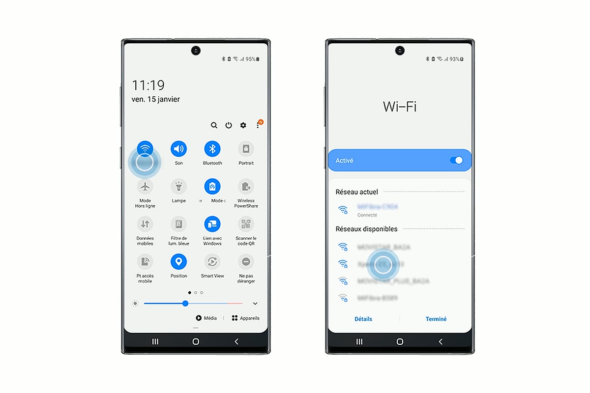 Captures Galaxy montrant le Wi-Fi activé et la liste des réseaux disponibles