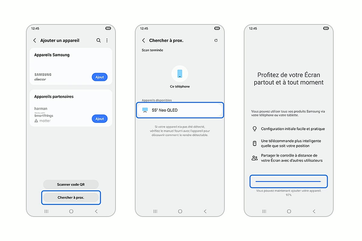 SmartThings sur Galaxy montrant la recherche et la configuration d’un téléviseur Samsung