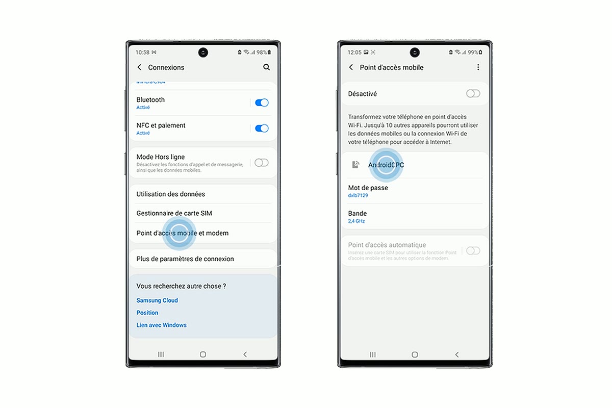 Menus français Connexions et Point d’accès mobile sur un smartphone Galaxy