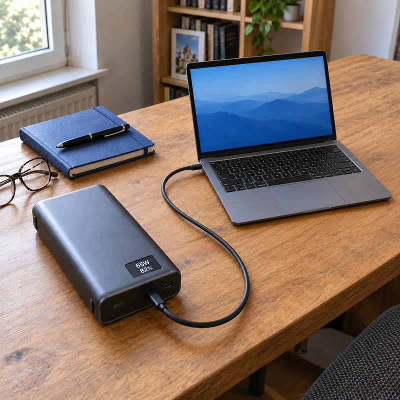 Batterie externe alimentant un ordinateur portable par câble USB-C
