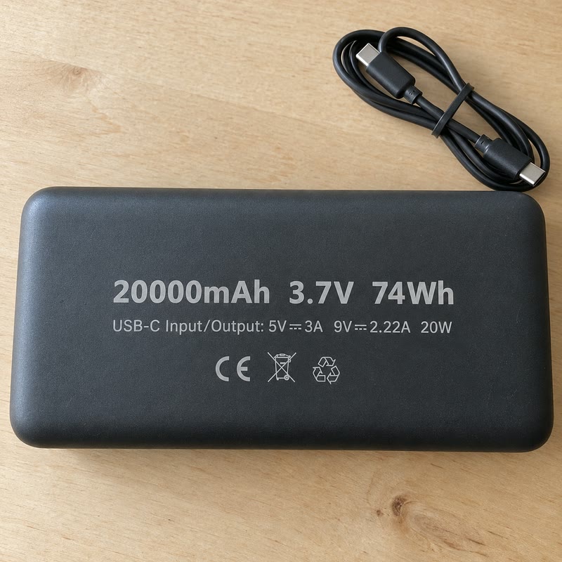 Étiquette d’une batterie externe indiquant capacité, tension et wattheures