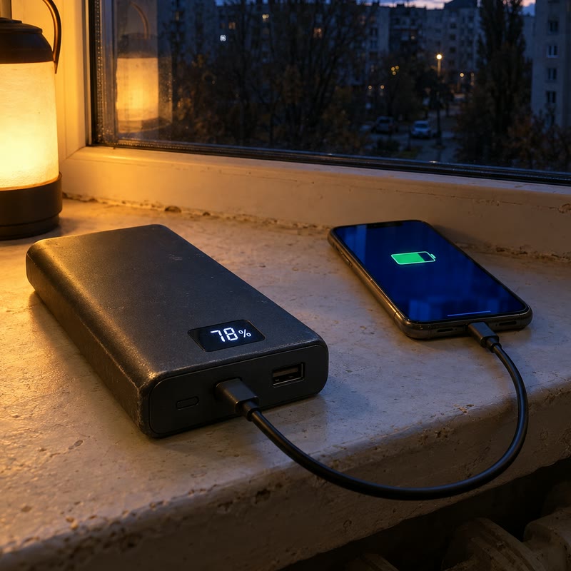 Batterie externe rechargeant un smartphone près d’une fenêtre