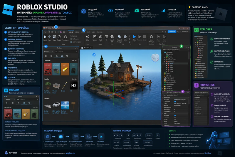 Interface Roblox Studio avec Explorer, Properties et Toolbox