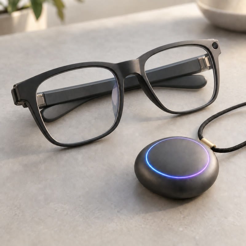 Lunettes connectées et petit pendentif doté d’IA sur une table