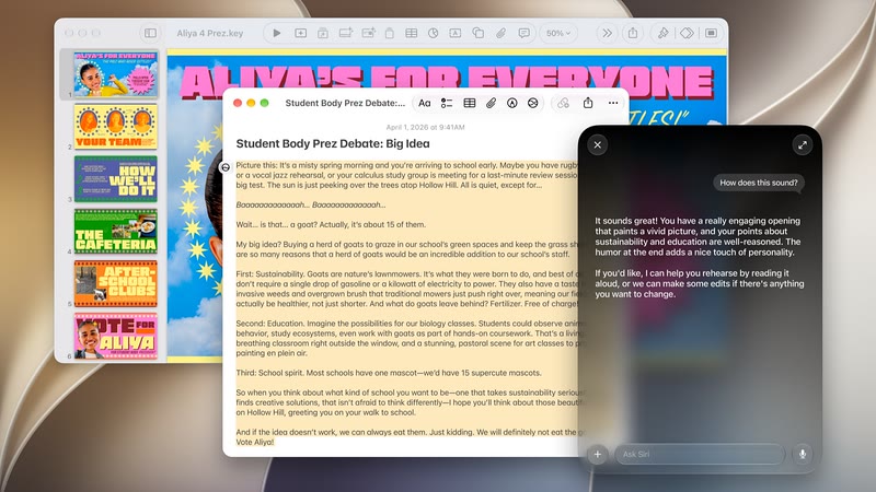 Panneau Siri AI sur Mac près d’un document ouvert