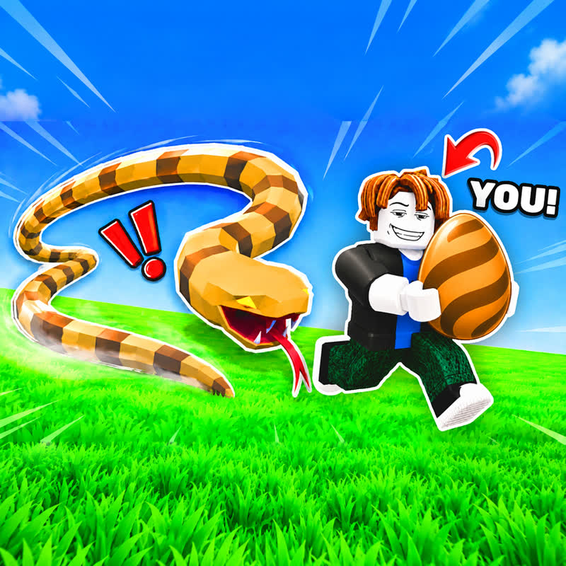 Personnage fuyant un serpent avec un œuf rayé