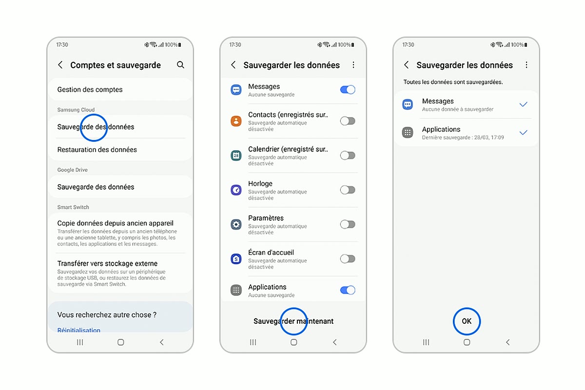 Galaxy affichant les étapes françaises de sauvegarde des messages et applications