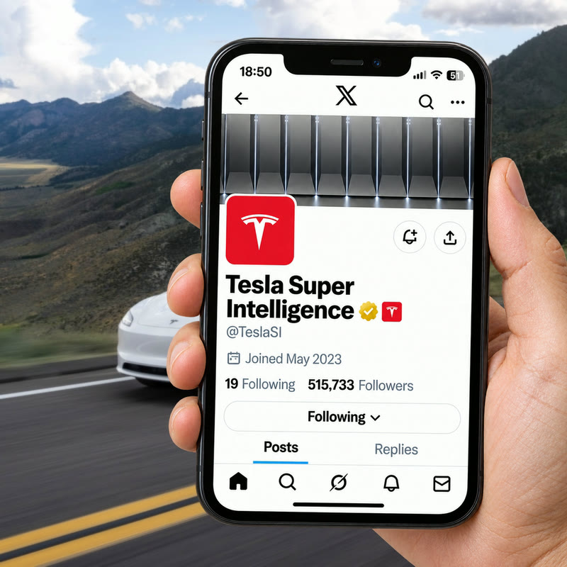 Profil Tesla Super Intelligence sur X affiché sur smartphone