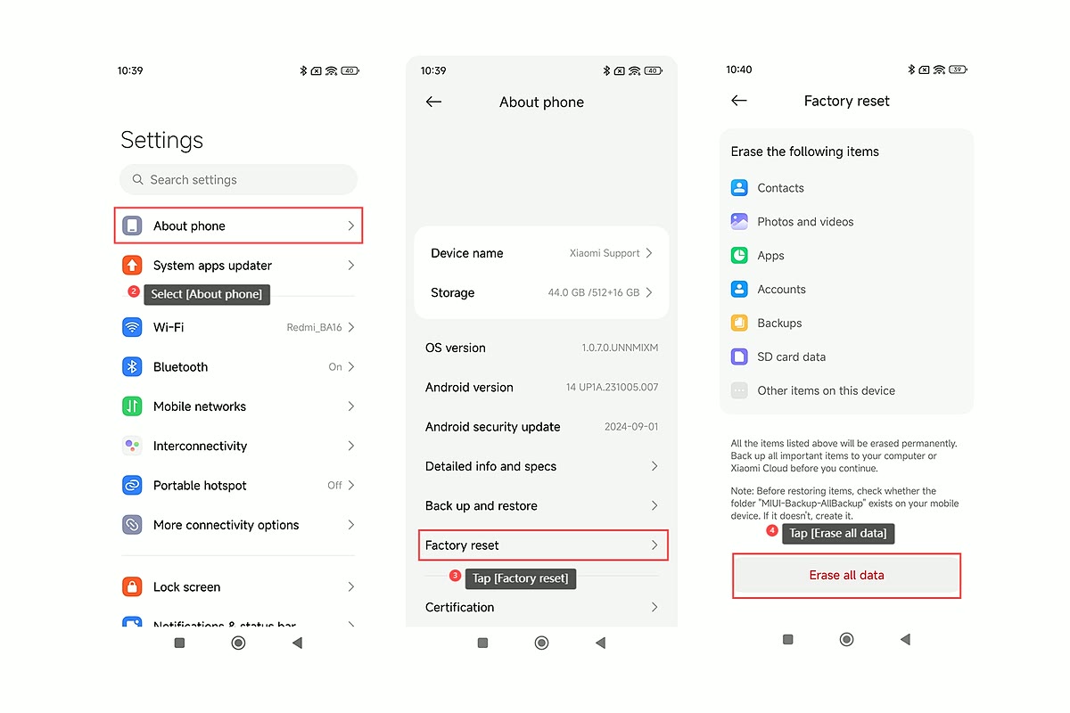 Captures HyperOS montrant Settings, About phone et la suppression des données